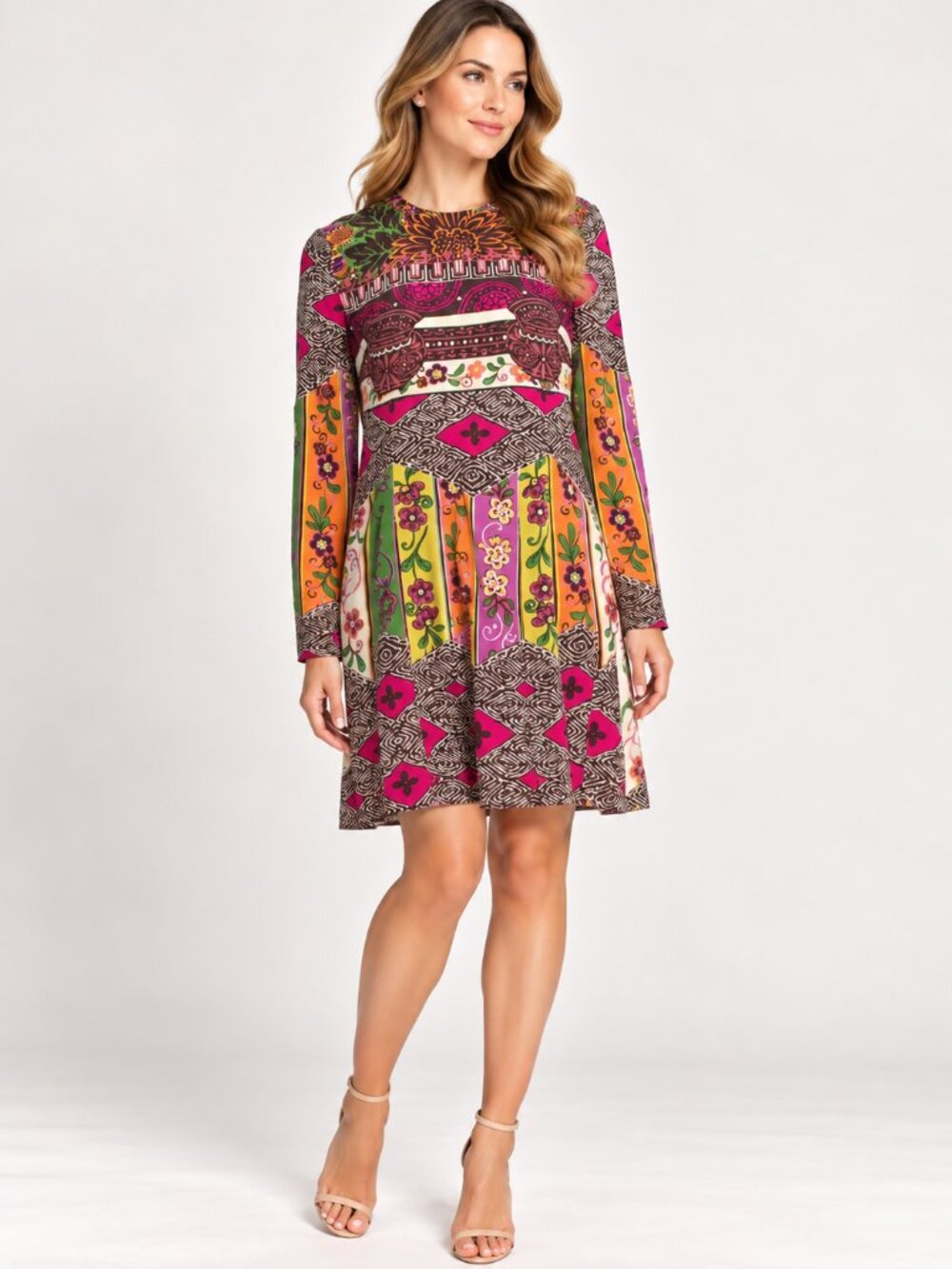 NWOT  Valentino Multicolor Printed Silk Long Sleeve Mini Dress Size 6  IT42